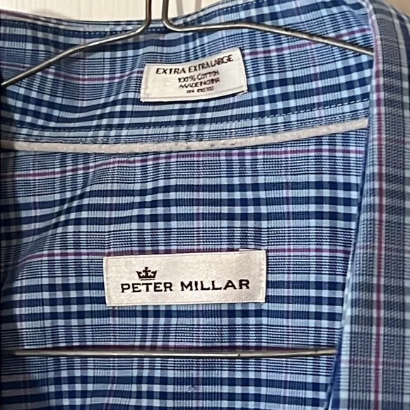 Peter Millar 100% Cotton Blue Plaid Button Down‎ Long Sleeve Dress Shirt, Sz XXL - Picture 4 of 11